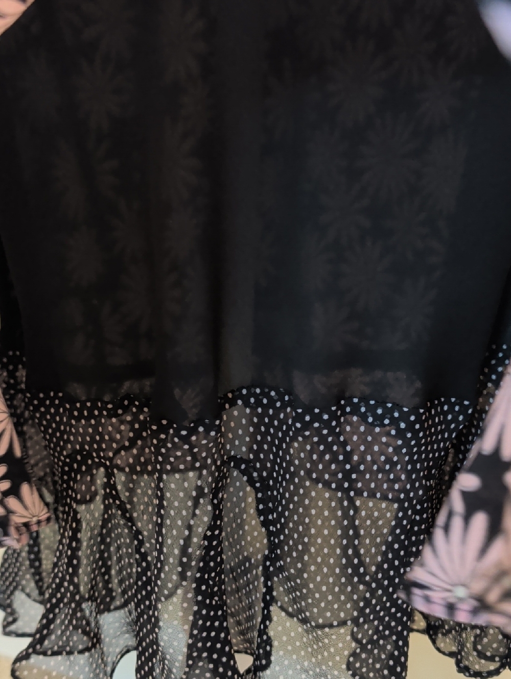 S.L.B 100% Silk Black Midi Skirt with Pink Daisy Print and Polka Dot Hem - Picture 3 of 7